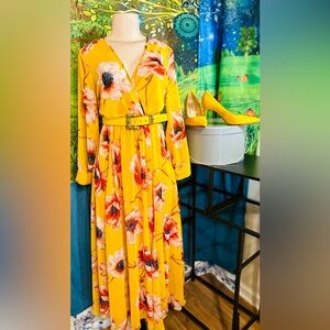 Kate and Lily Elegant Yellow Floral Long Sleeve Sheer Dress w Lining